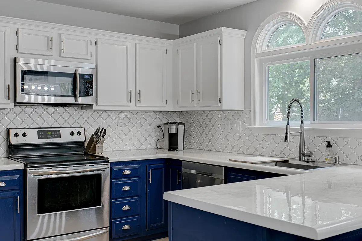 beautiful blue and white kitchen design remodeling services from Expressions Remodeling in St. Louis, MO