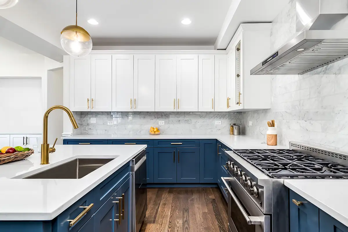 beautiful blue and white kitchen design remodeling services from Expressions Remodeling in St. Louis, MO