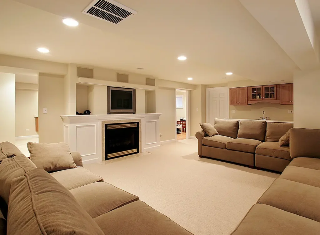 This photo shows a renovated basement.