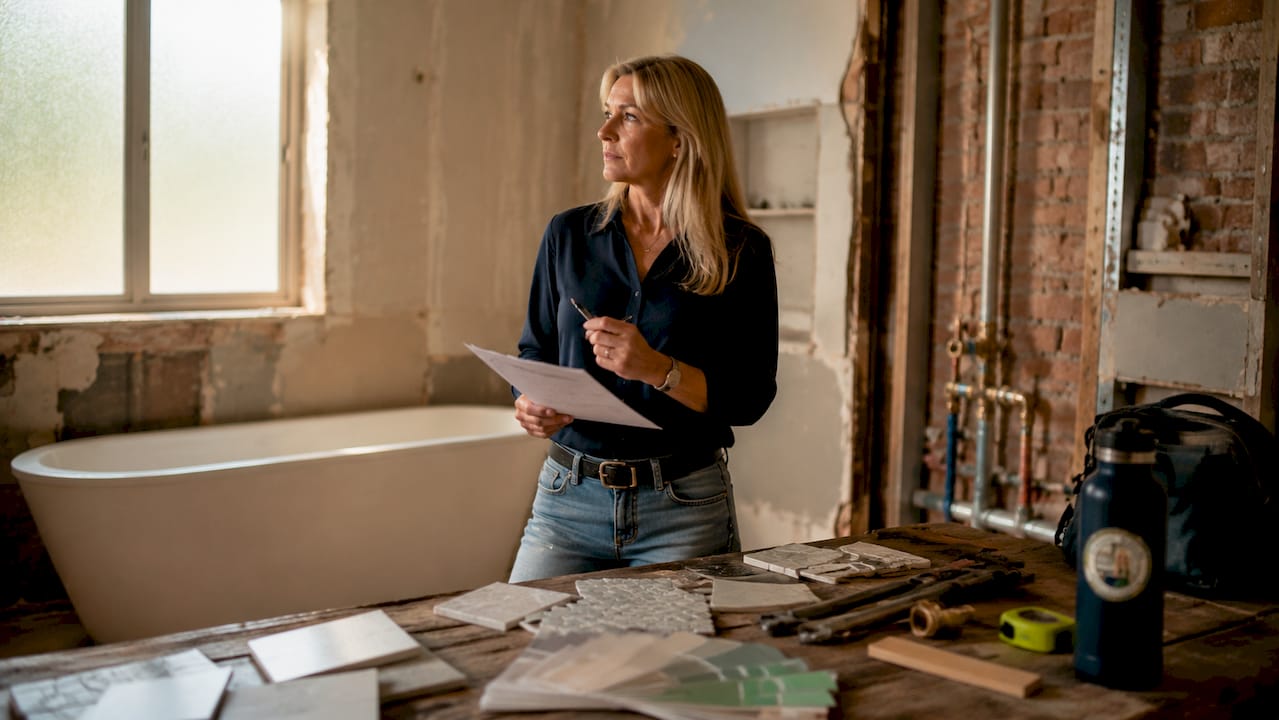 Woman reviewing bathroom remodel checklist in renovation