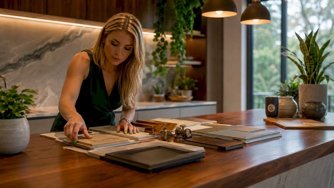 Person examining luxury kitchen cabinetry samples
