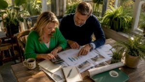 Couple reviewing remodeling ROI paperwork