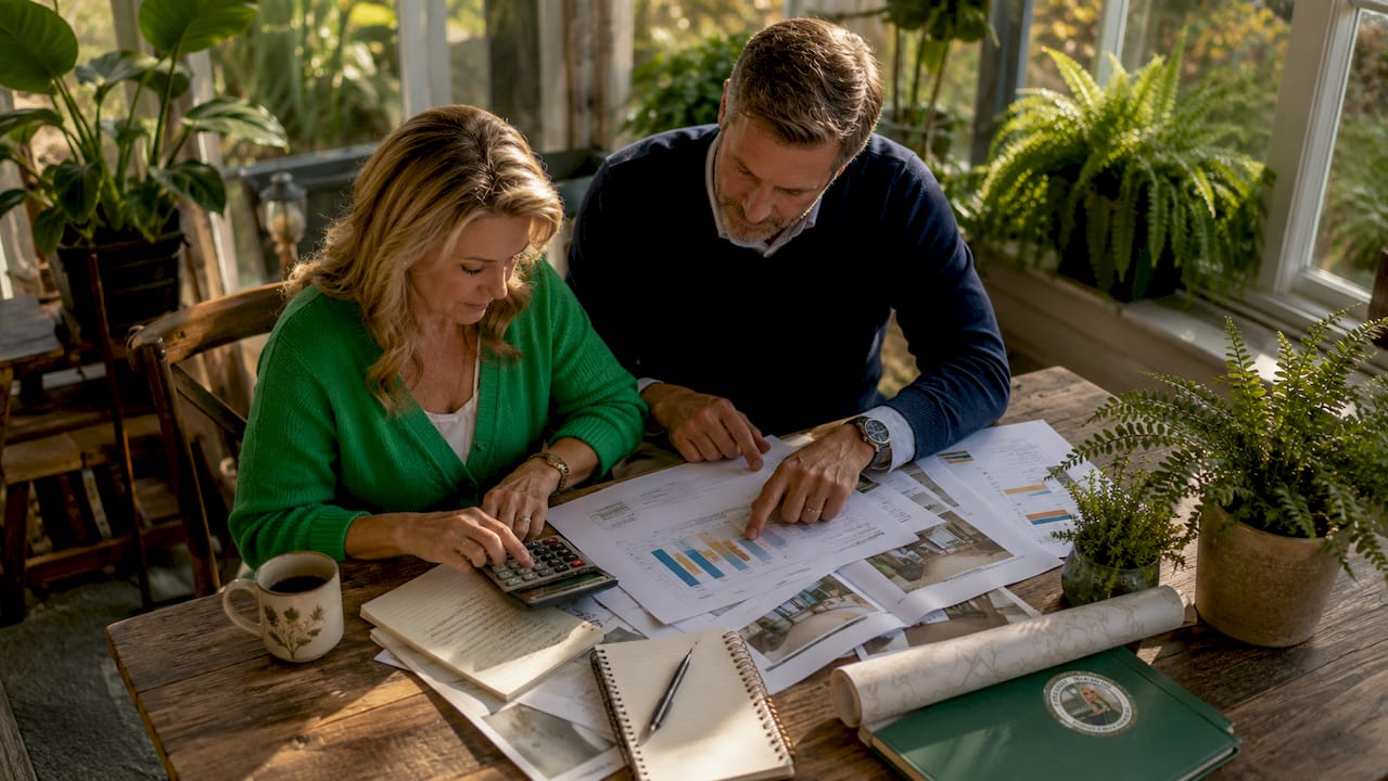 Couple reviewing remodeling ROI paperwork