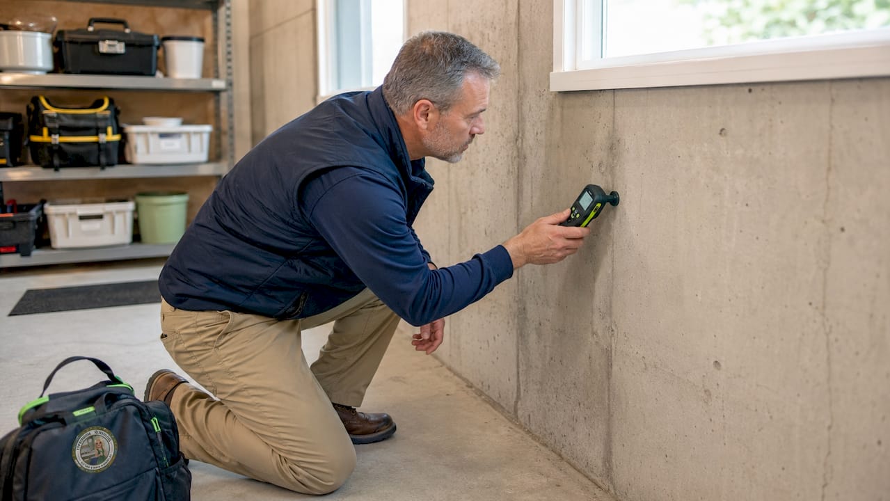 Inspector testing basement wall moisture