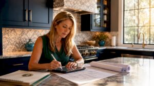 Woman planning kitchen remodel at table