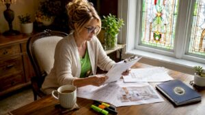Homeowner reviewing contractor interview questions at kitchen table