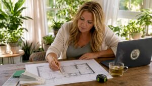Homeowner reviewing bathroom layout plan at table
