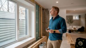 Contractor inspecting basement egress window