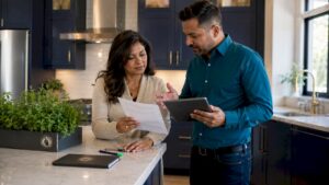 Homeowner reviewing remodeling contract with contractor