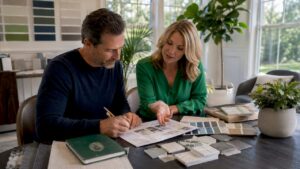 Couple reviewing home renovation checklist
