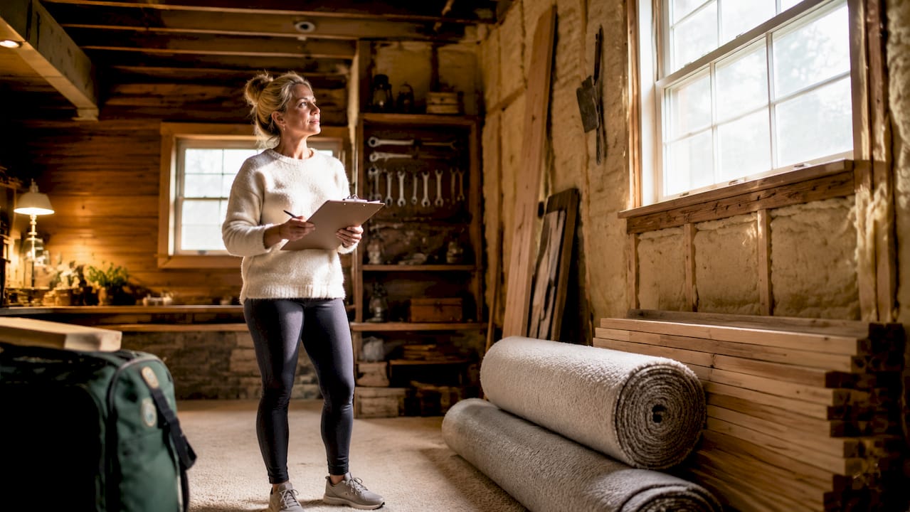 Homeowner inspecting unfinished basement space