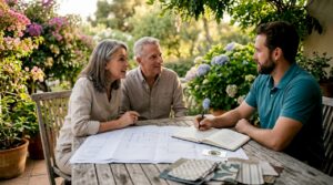 Couple discussing remodeling plans with contractor