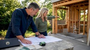 Couple planning bathroom addition construction