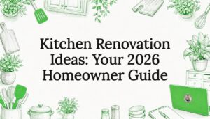Decorative illustration framing kitchen renovation title