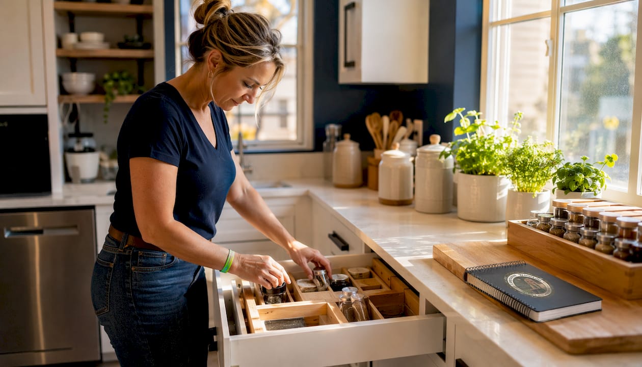 Woman organizing kitchen pull-out drawers