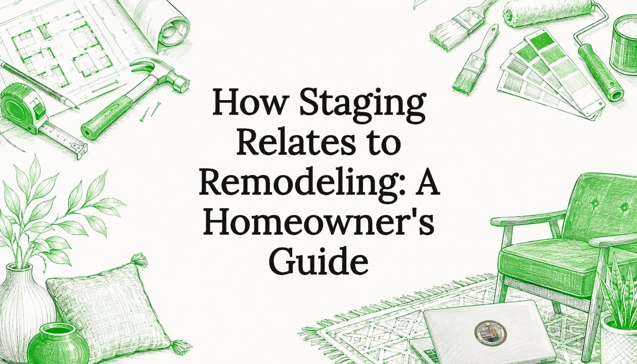 Decorative illustrated title card for home staging and remodeling article