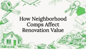 Decorative hand-drawn home renovation tools and neighborhood illustration