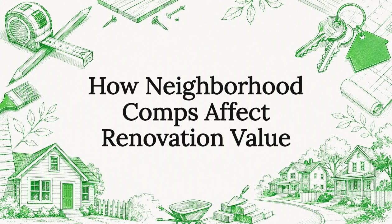 Decorative hand-drawn home renovation tools and neighborhood illustration
