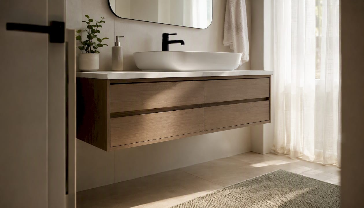Floating vanity with exposed floor in small bathroom