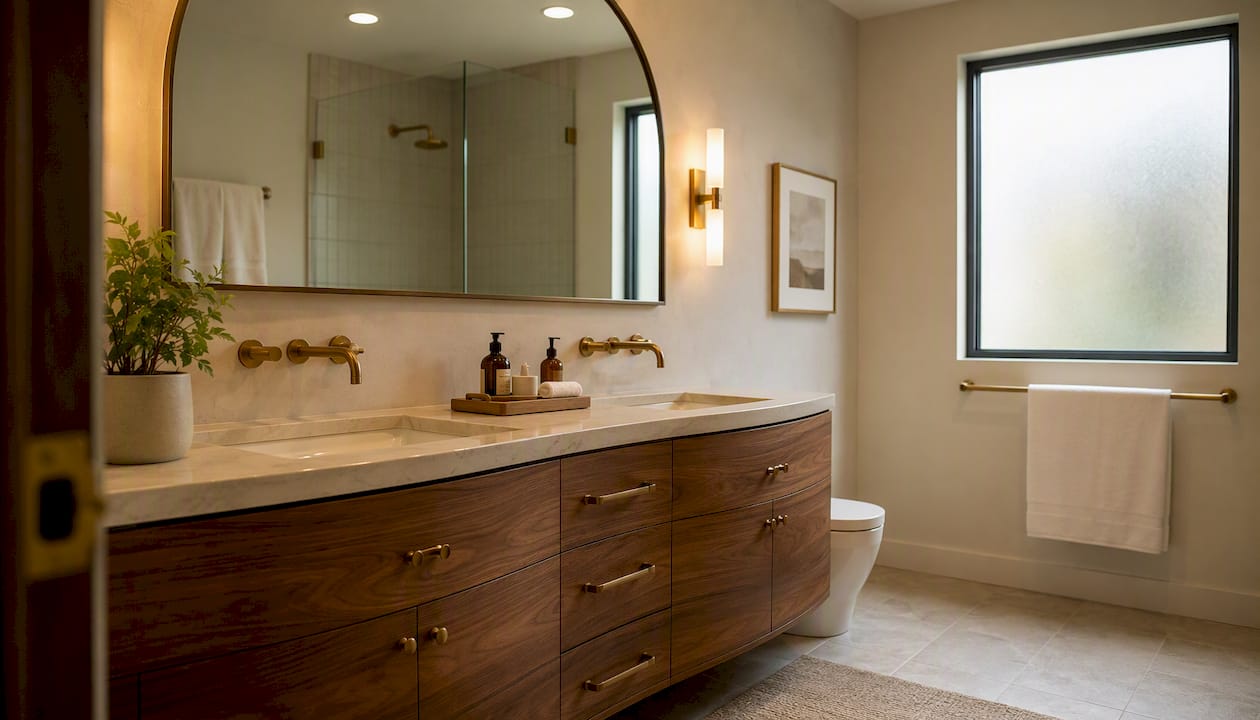 Curved wood vanity with arched mirror