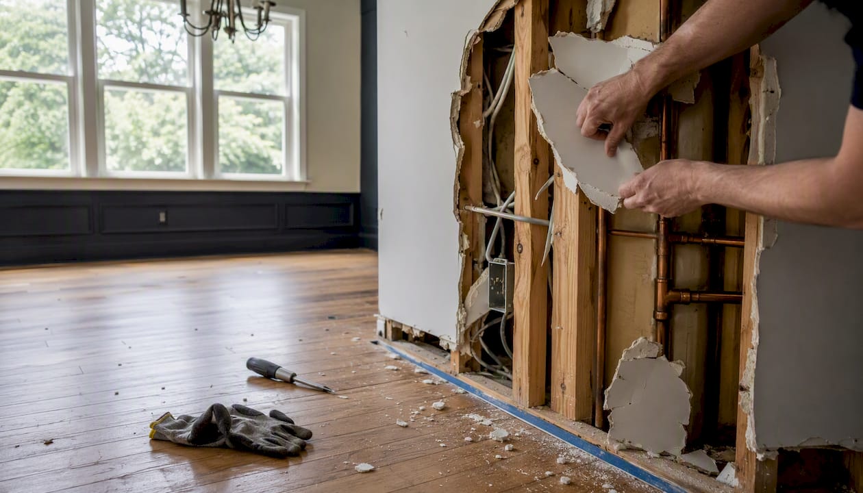 Hands removing drywall during dining room conversion