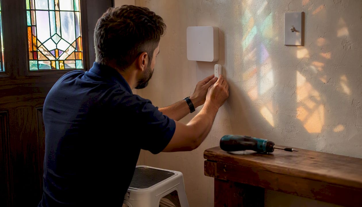 Hands mounting smart home sensors and hub