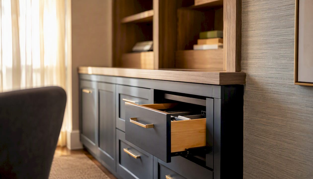Built-in storage and acoustic treatments in home office