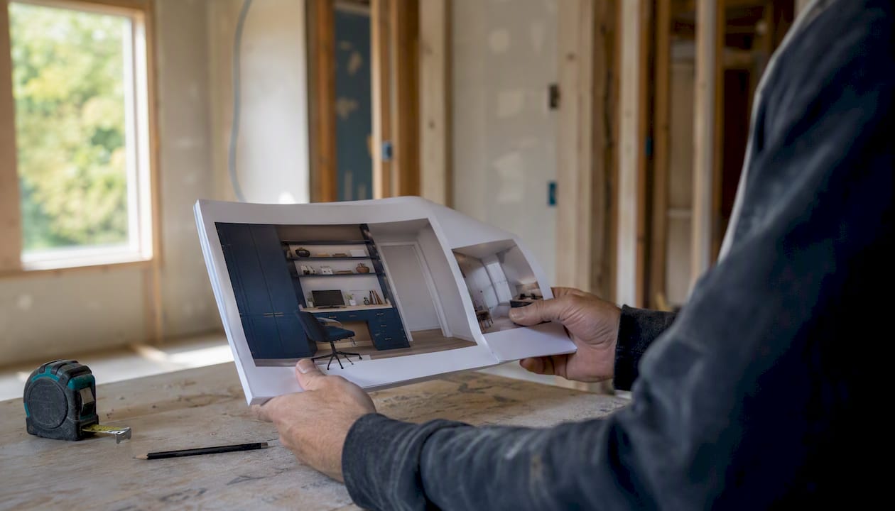 Hands inspecting 3D renderings at office renovation site