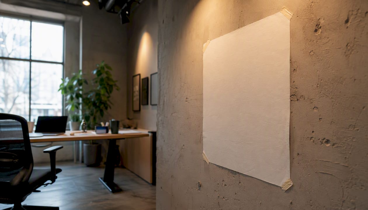 White paper taped on office wall for color testing