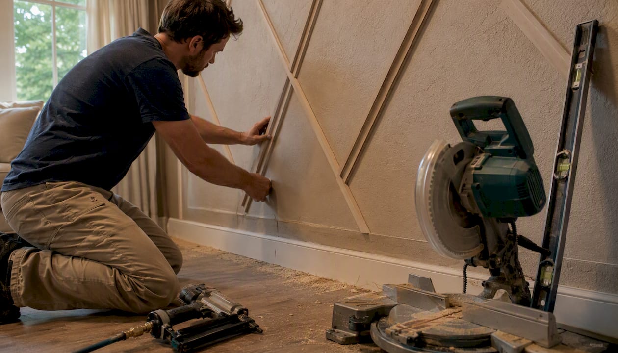 Hands installing geometric MDF moulding on wall