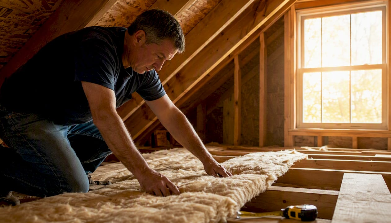 Hands installing attic insulation in home
