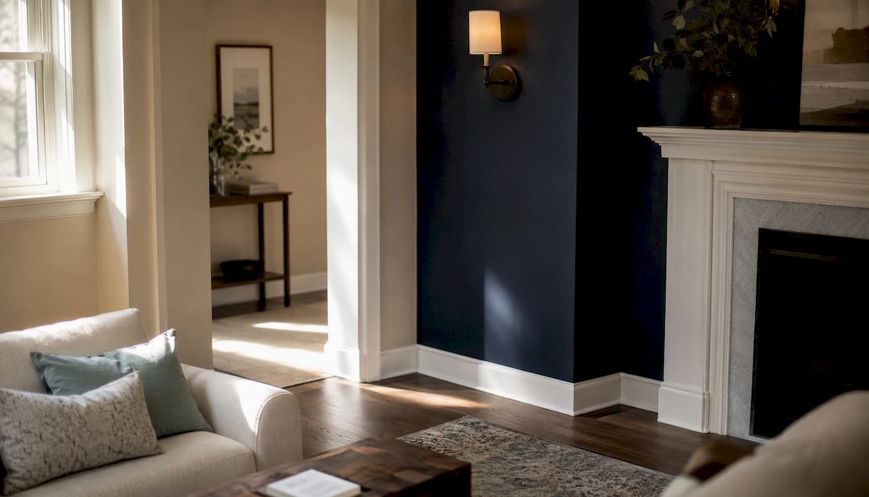 Living room showing accent wall at inside corner