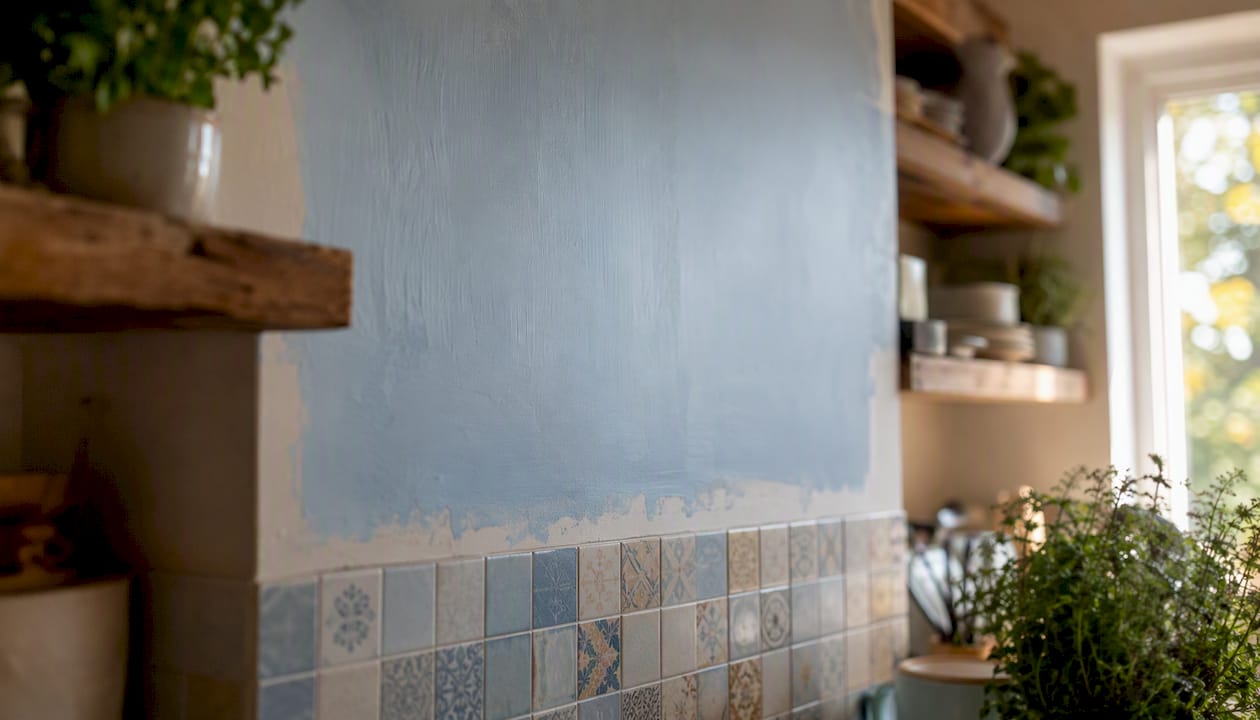 Paint swatch on wall showing color test in natural light