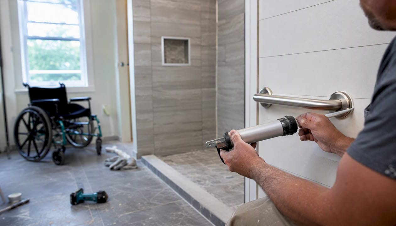 Hands installing grab bar in accessible shower
