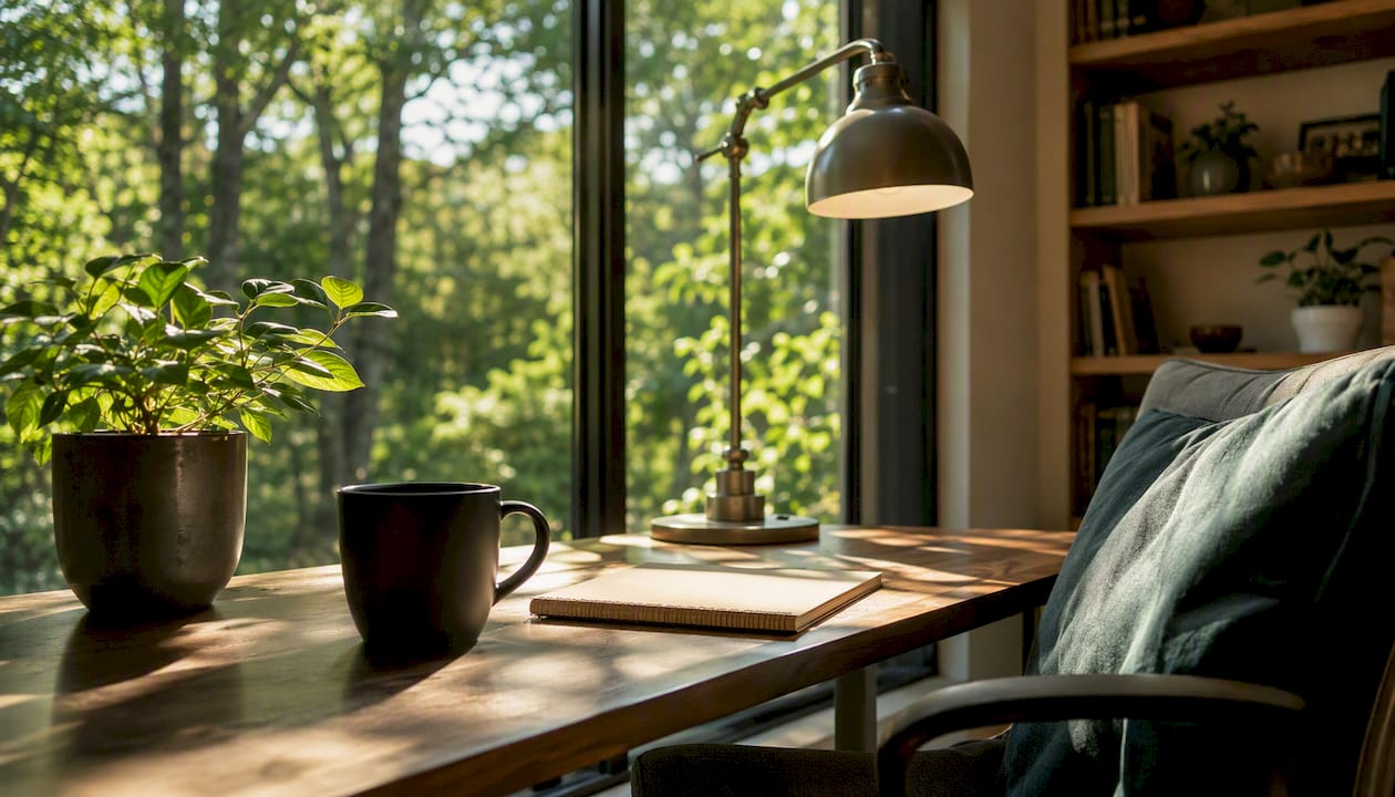 Bright home office corner with open window and greenery outside
