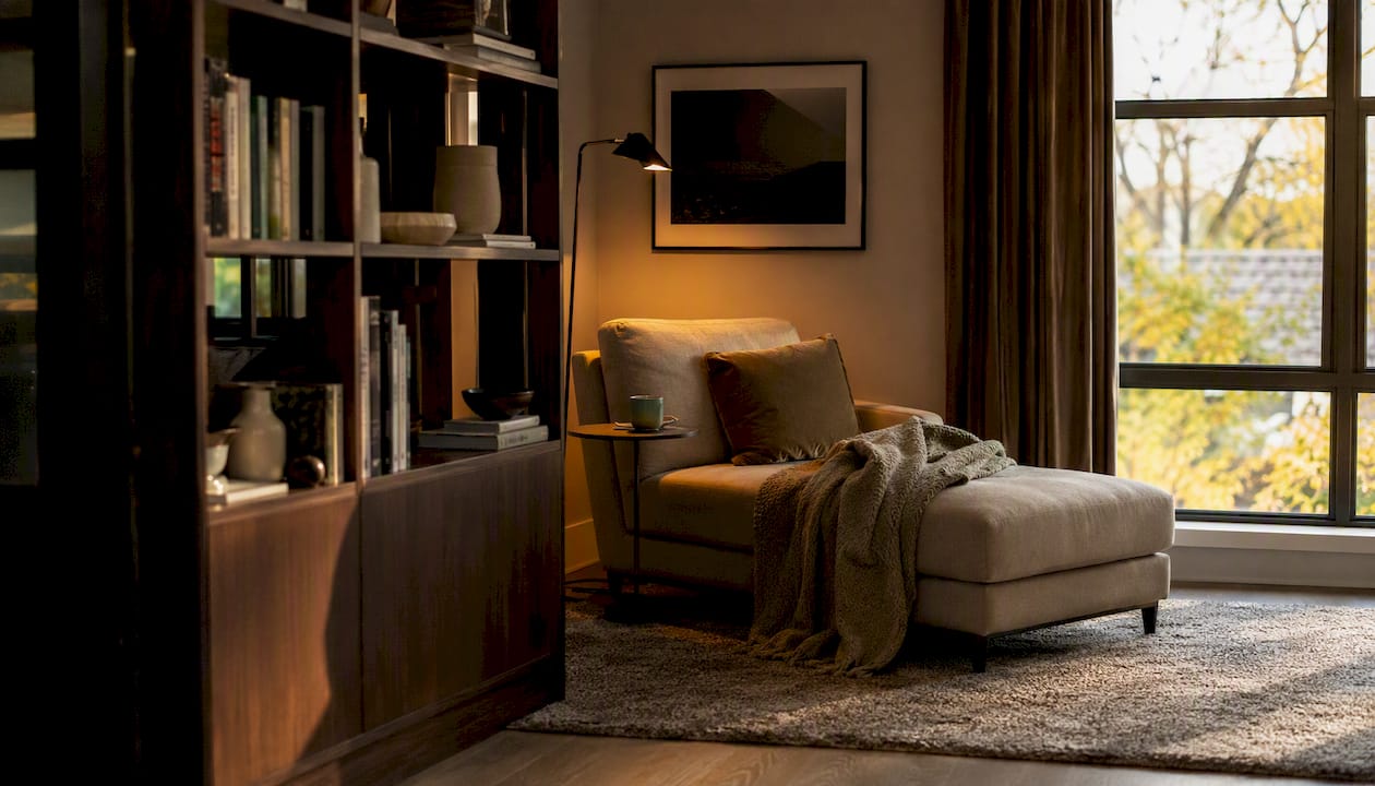 Open room showing soft zoning by rugs, lighting, and furniture placement