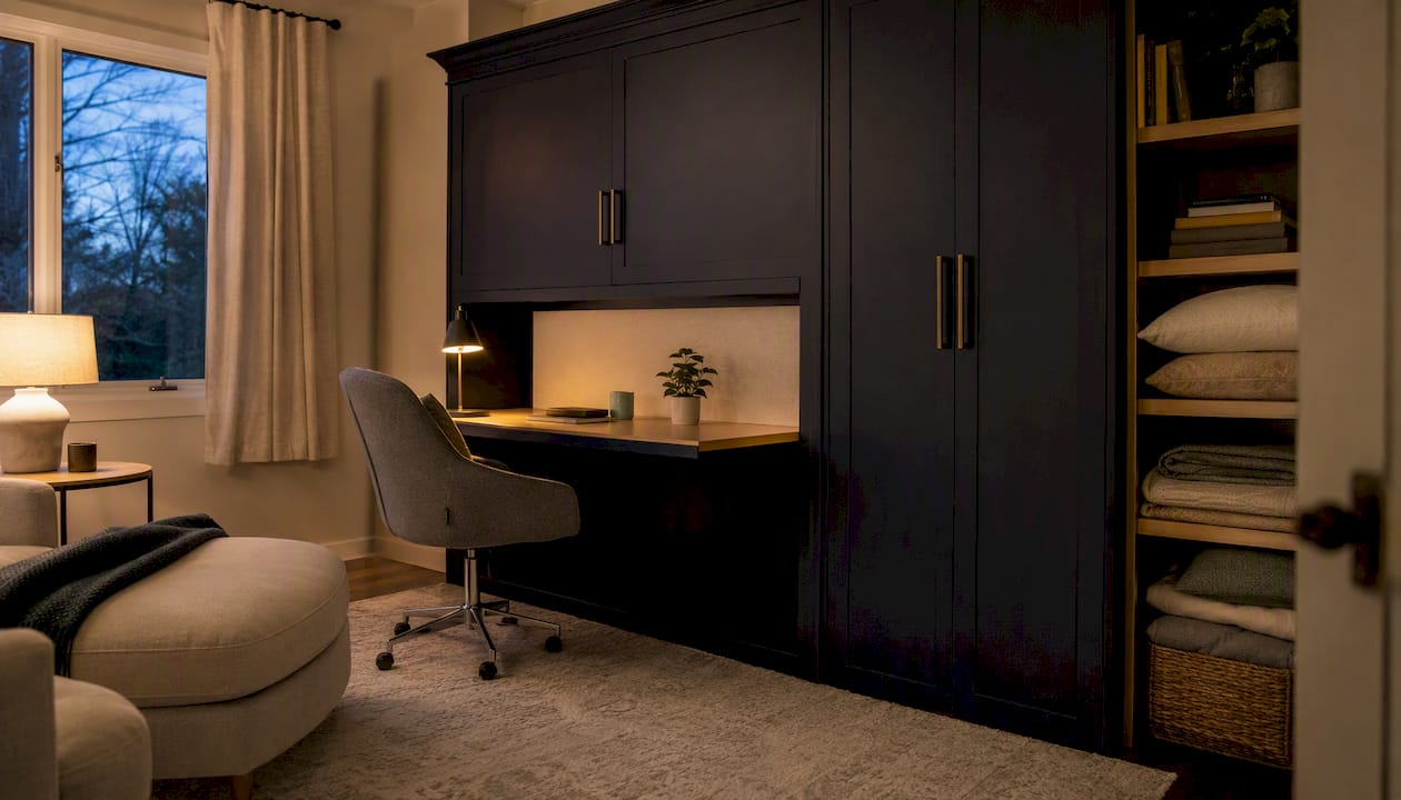 Dual-purpose room showing home office and guest bedroom arrangement