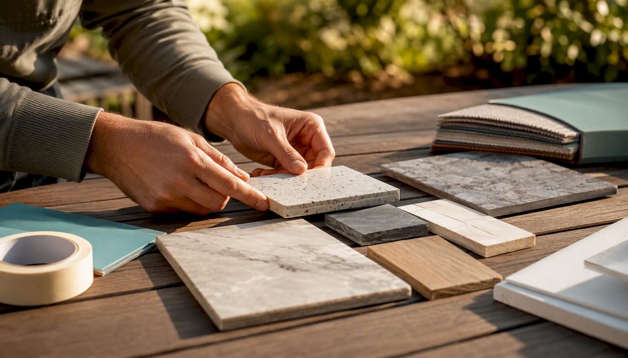 Hands comparing countertop and flooring samples