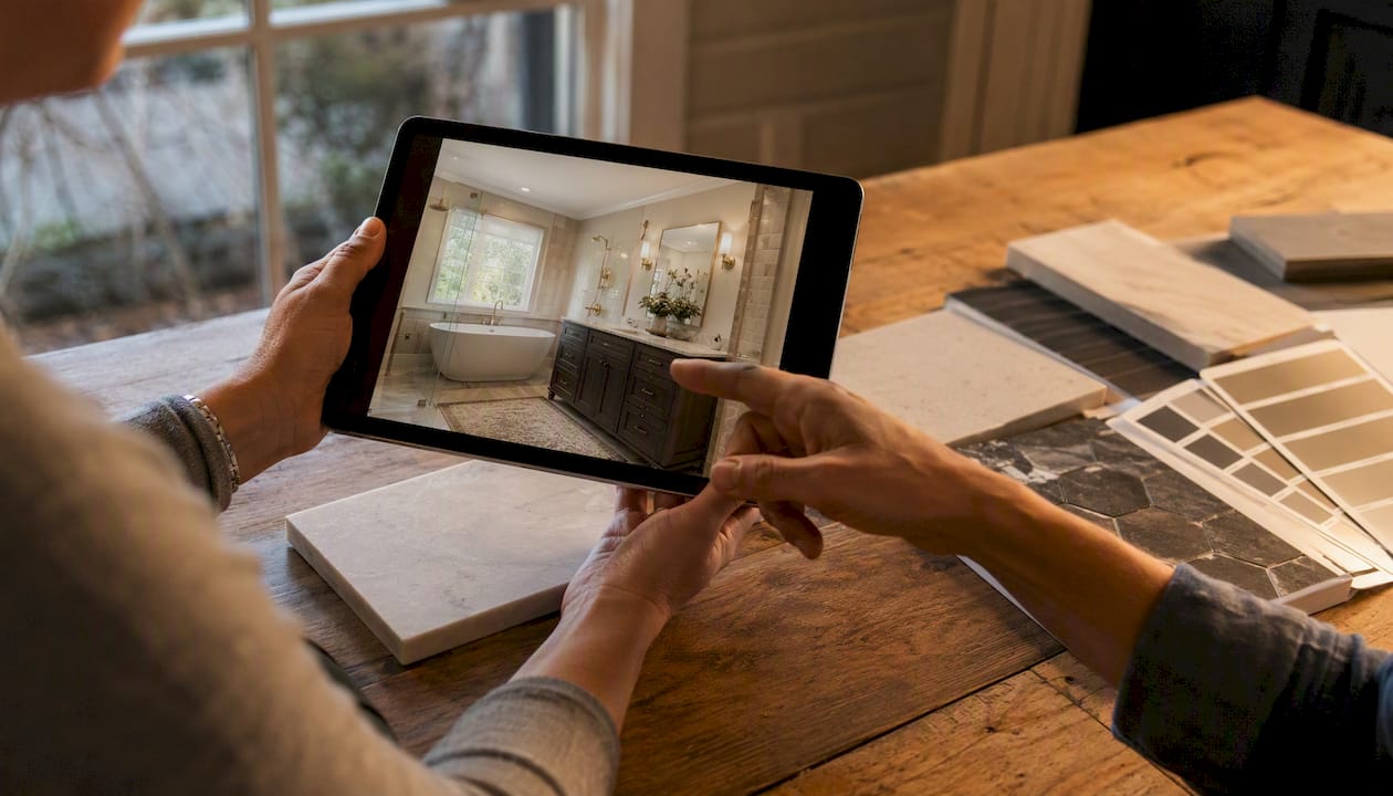 Hands reviewing 3D kitchen remodel rendering on tablet