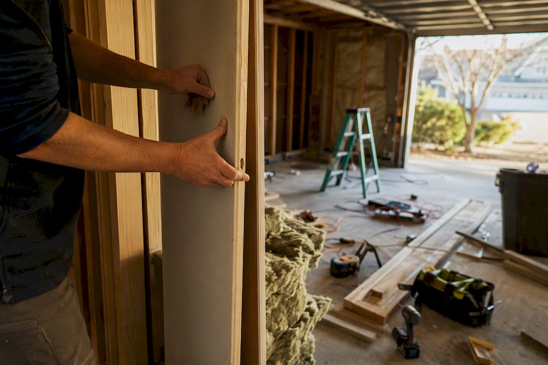 Hands installing insulation in basement wall