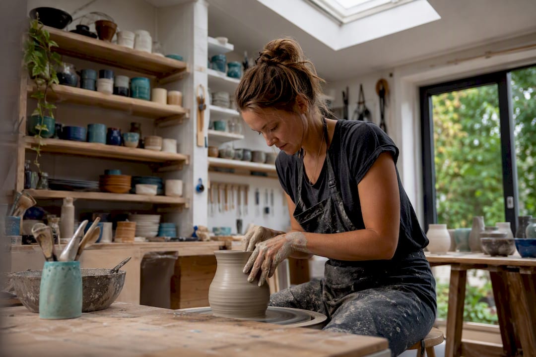 Creative studio with pottery wheel in garage conversion