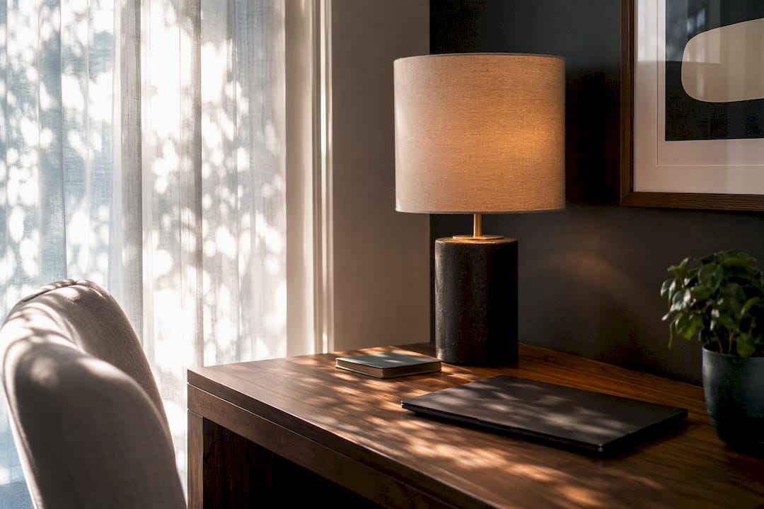 Glare and shadows on small office desk
