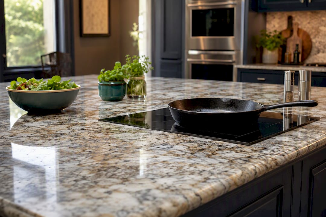 Granite kitchen countertop with hot pan