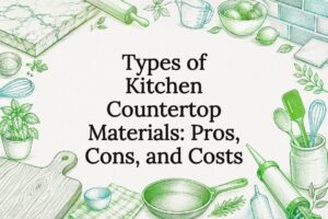 Decorative kitchen countertop materials title card illustration