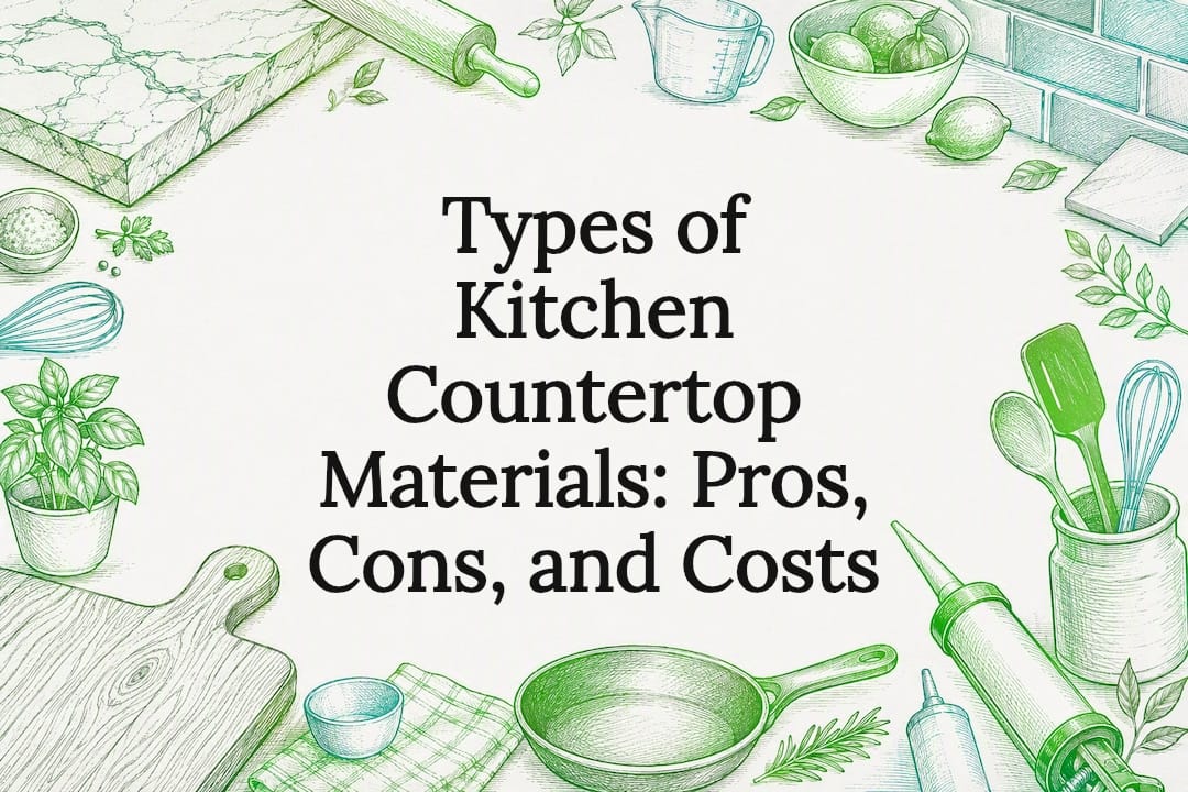 Decorative kitchen countertop materials title card illustration