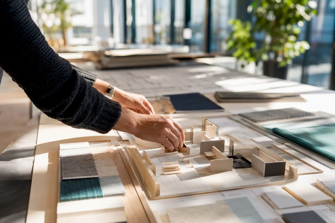 Hands adjusting 3D model pieces of flex room layout