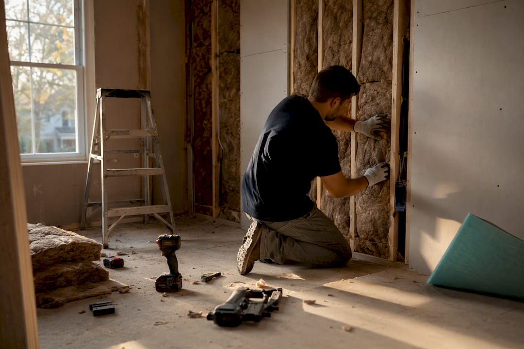 Hands installing wiring inside wall in flex room remodeling