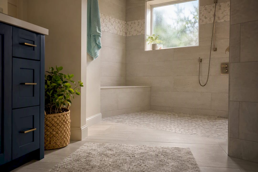 Accessible walk-in shower with bench