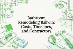 Decorative bathroom remodeling title card illustration
