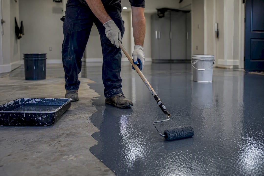 Hand rolling epoxy coating on garage floor